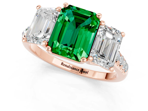 Rose gold Three-Stone Emerald Cut Emerald Ring with Round  Pavé Band and Prong Setting