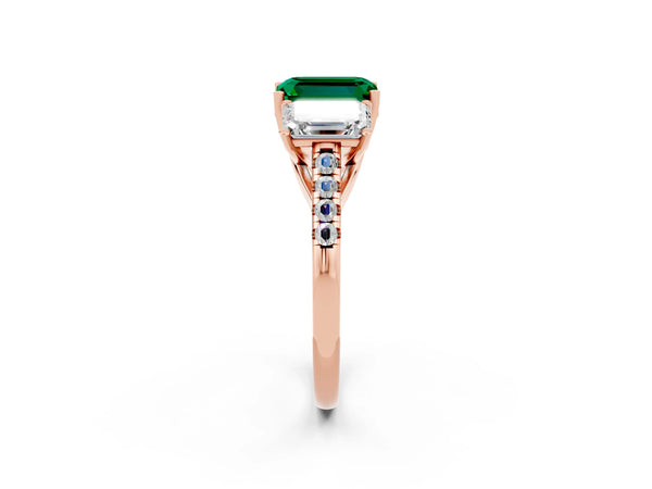 Rose gold Three-Stone Emerald Cut Emerald Ring with Round  Pavé Band and Prong Setting
