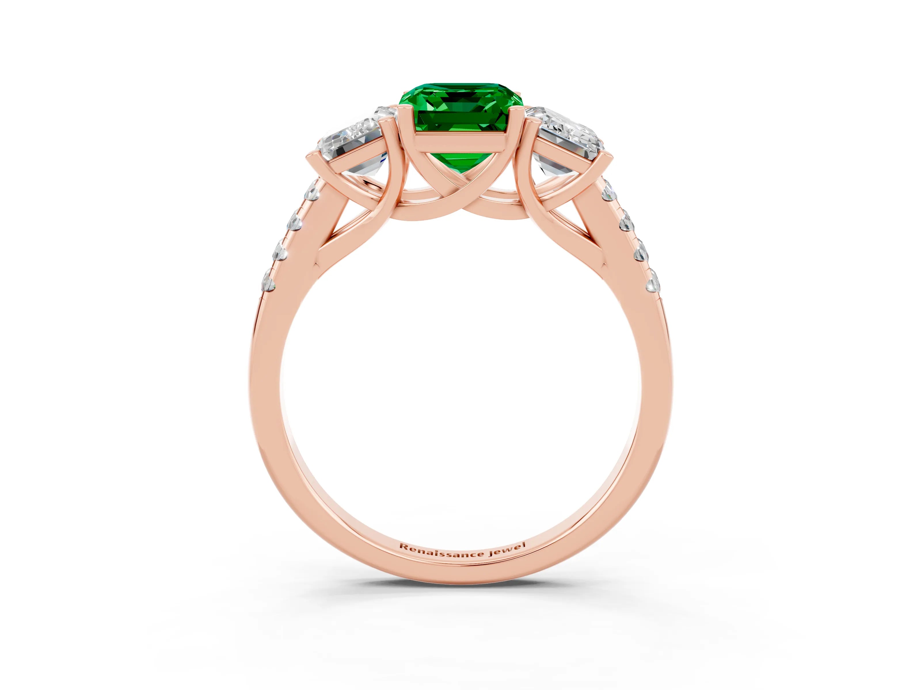 Rose gold Three-Stone Emerald Cut Emerald Ring with Pavé Band and Prong Setting_15