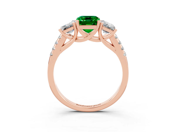 Rose gold Three-Stone Emerald Cut Emerald Ring with Round  Pavé Band and Prong Setting