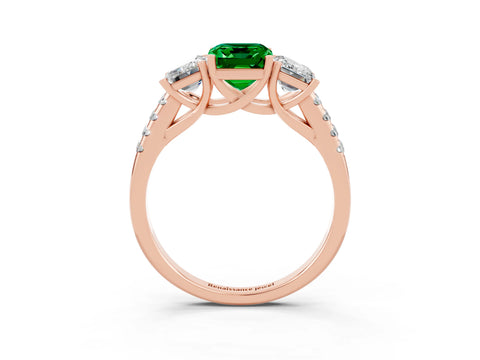 Rose gold Three-Stone Emerald Cut Emerald Ring with Pavé Band and Prong Setting_15