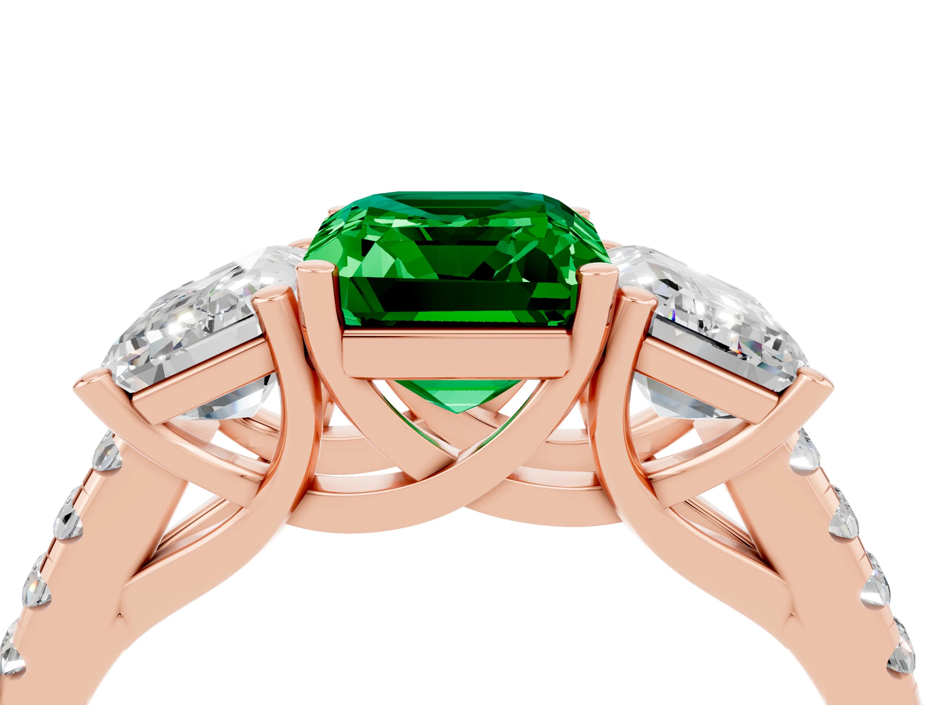 Rose gold Three-Stone Emerald Cut Emerald Ring with Pavé Band and Prong Setting_16