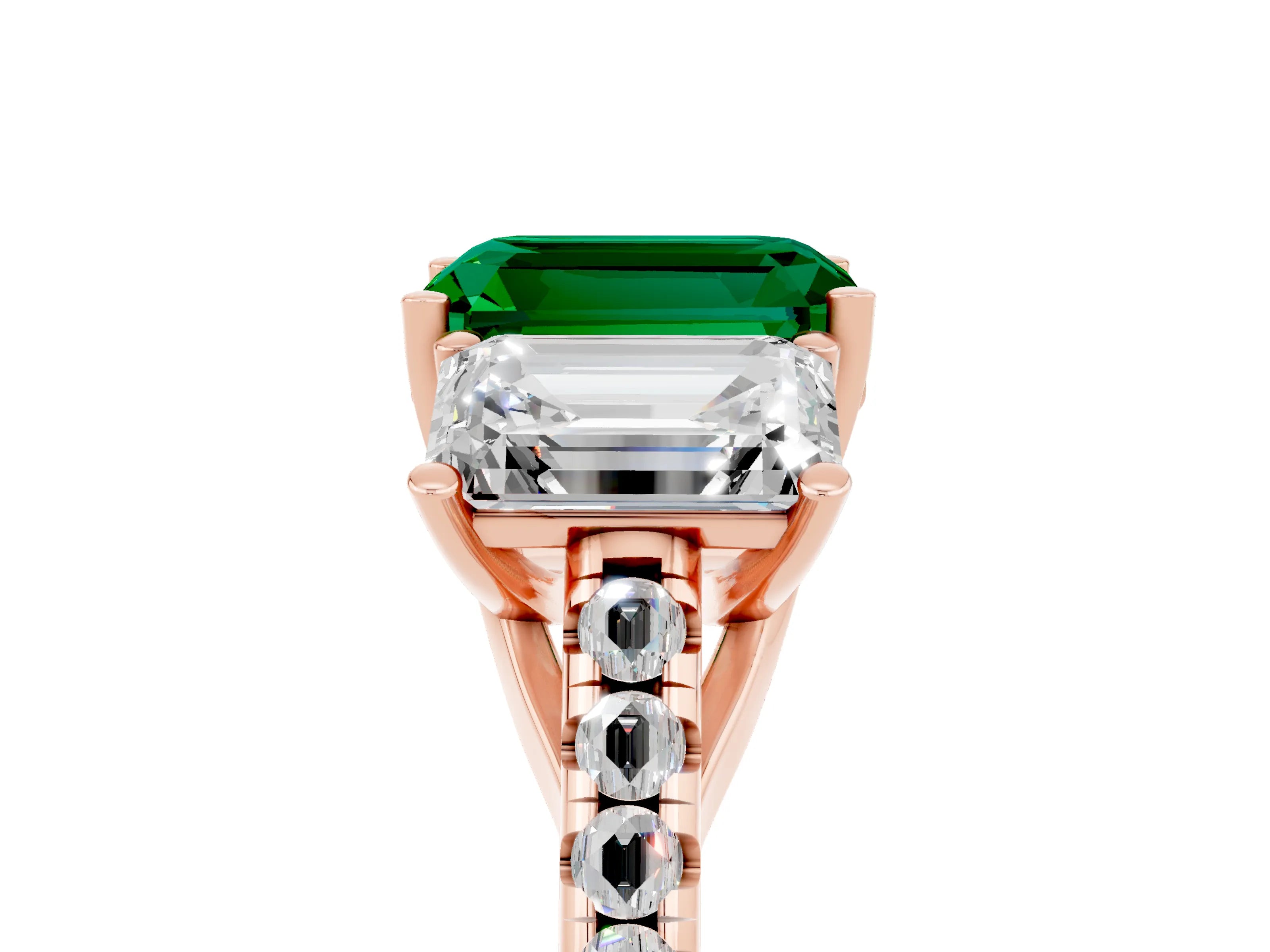 Rose gold Three-Stone Emerald Cut Emerald Ring with Pavé Band and Prong Setting_17