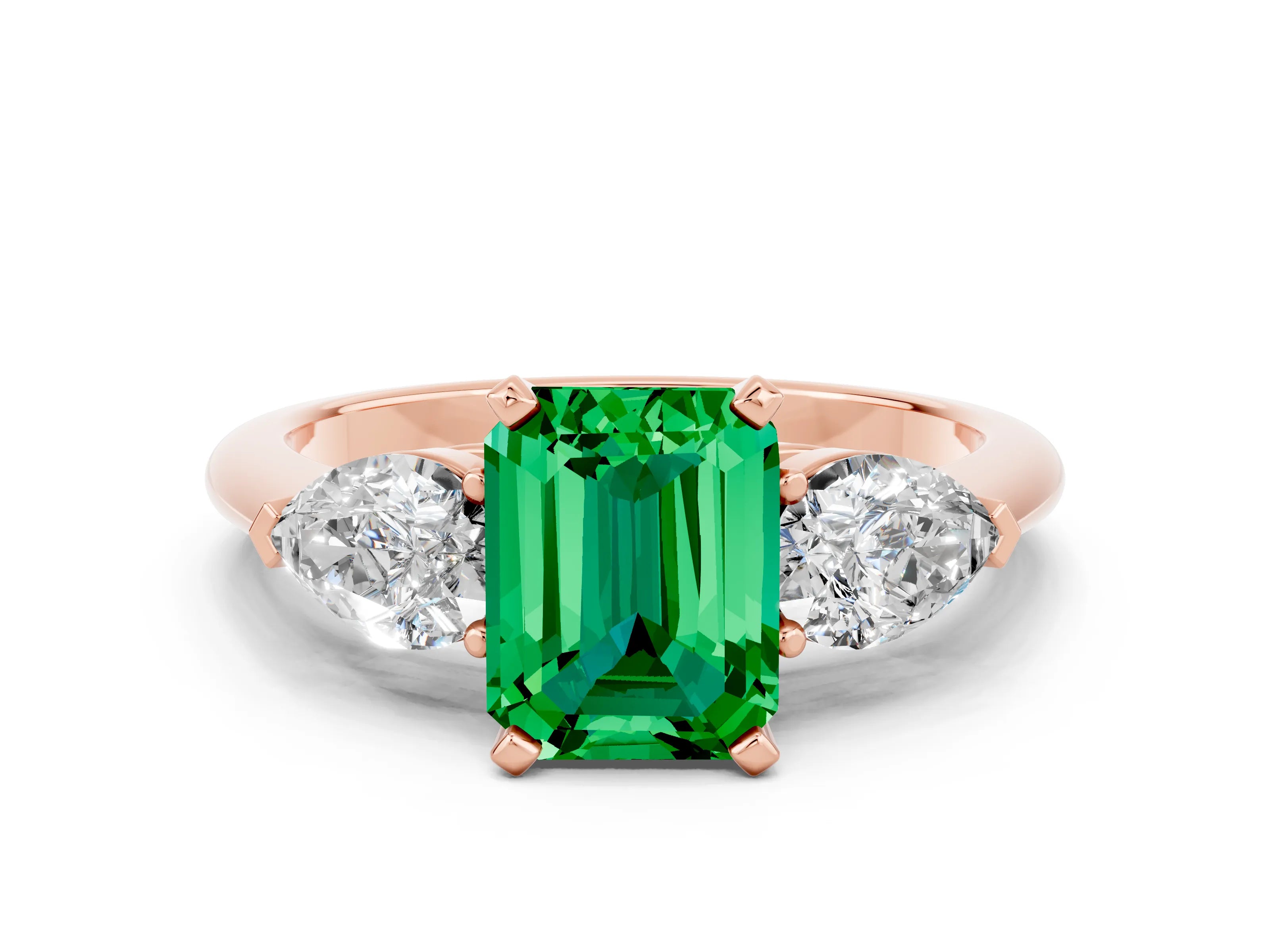 Rose gold Three-Stone Emerald Cut Emerald Ring with Pear Side Stones and Four-Prong Setting