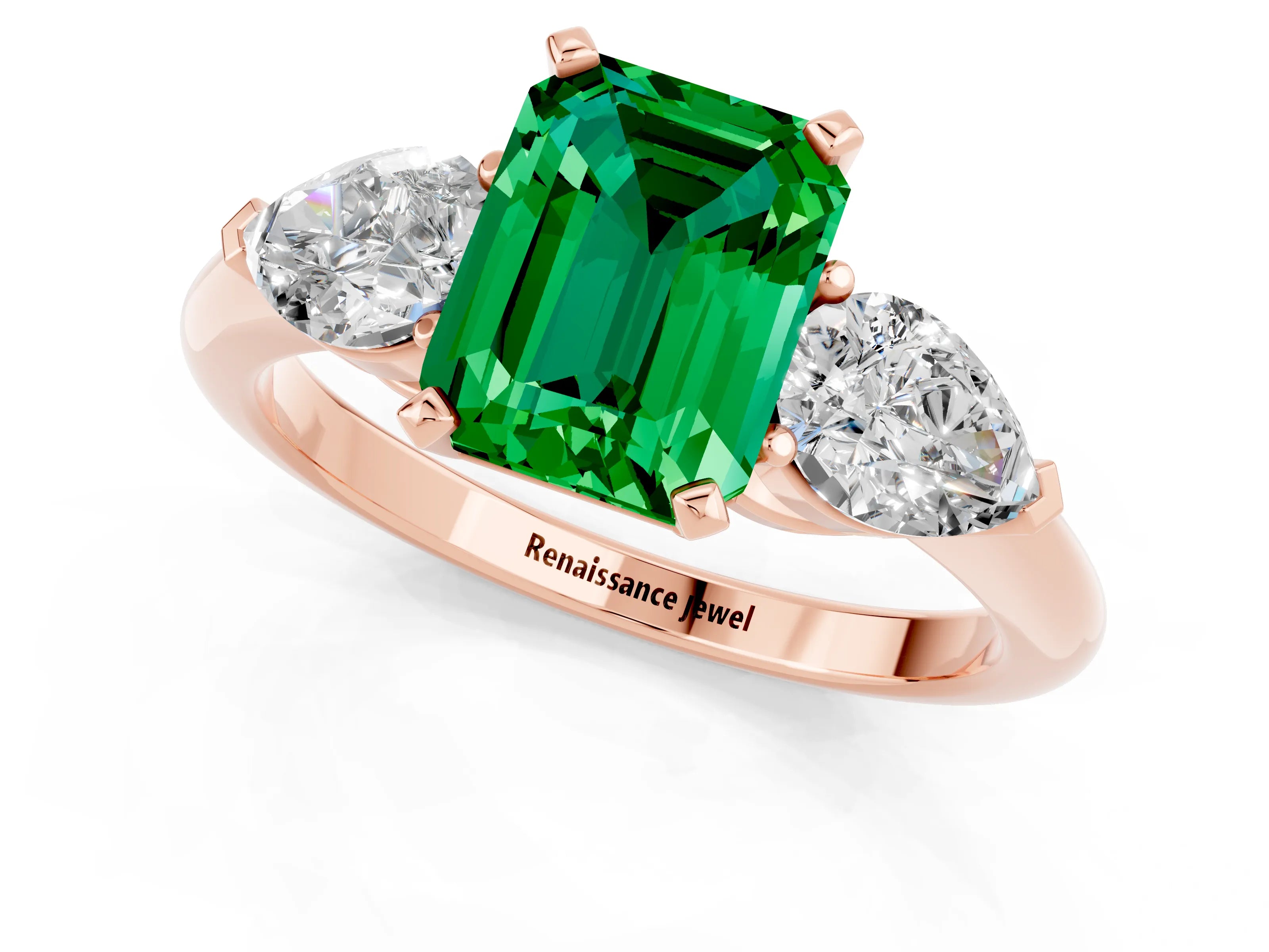 Rose gold Three-Stone Emerald Cut Emerald Ring with Pear Side Stones and Four-Prong Setting_1
