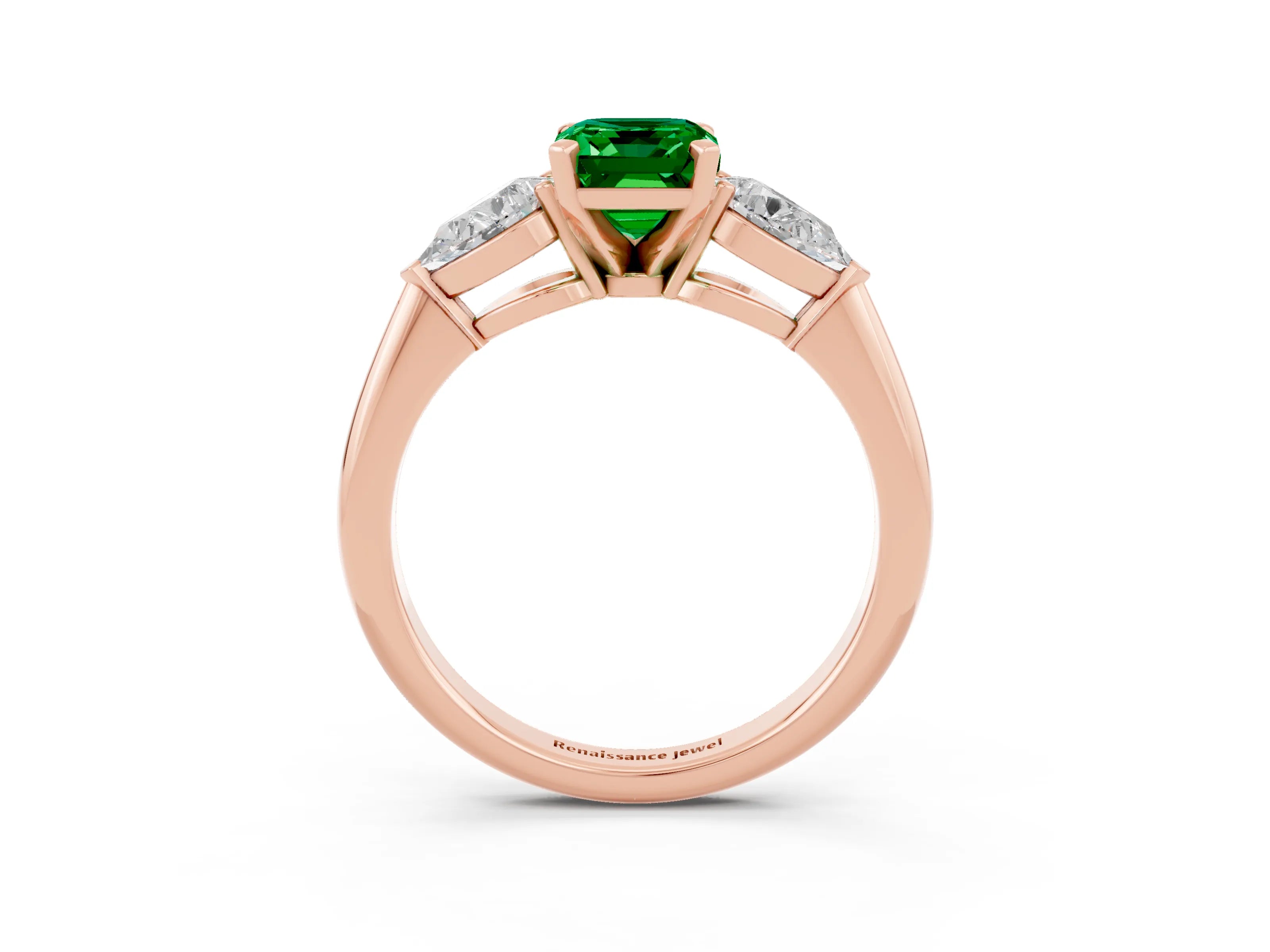 Rose gold Three-Stone Emerald Cut Emerald Ring with Pear Side Stones and Four-Prong Setting_3