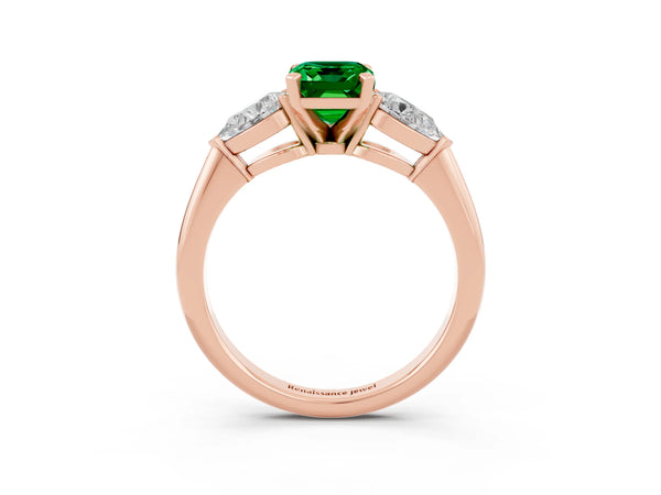 Rose gold Three-Stone Emerald Cut Emerald Ring with Pear Side Stones and Four-Prong Setting