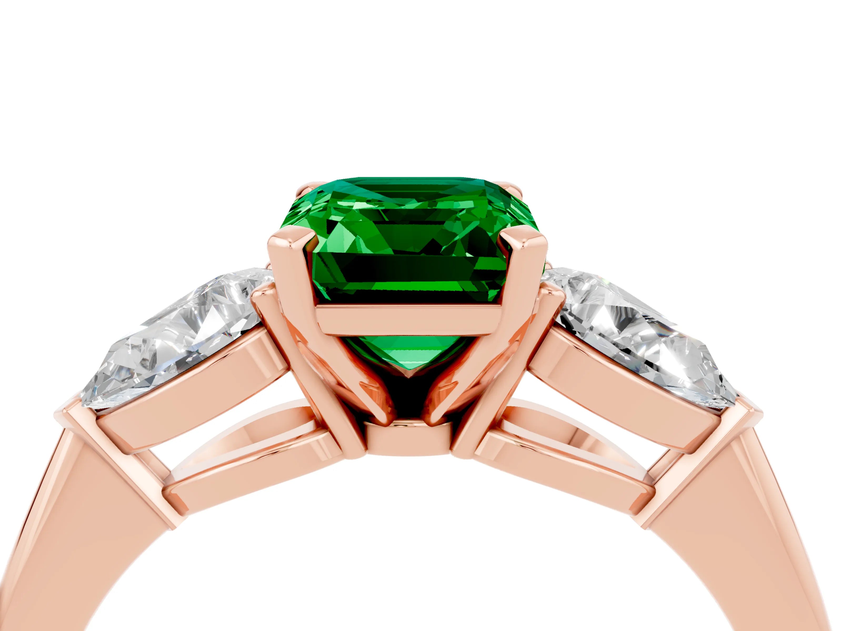Rose gold Three-Stone Emerald Cut Emerald Ring with Pear Side Stones and Four-Prong Setting_4