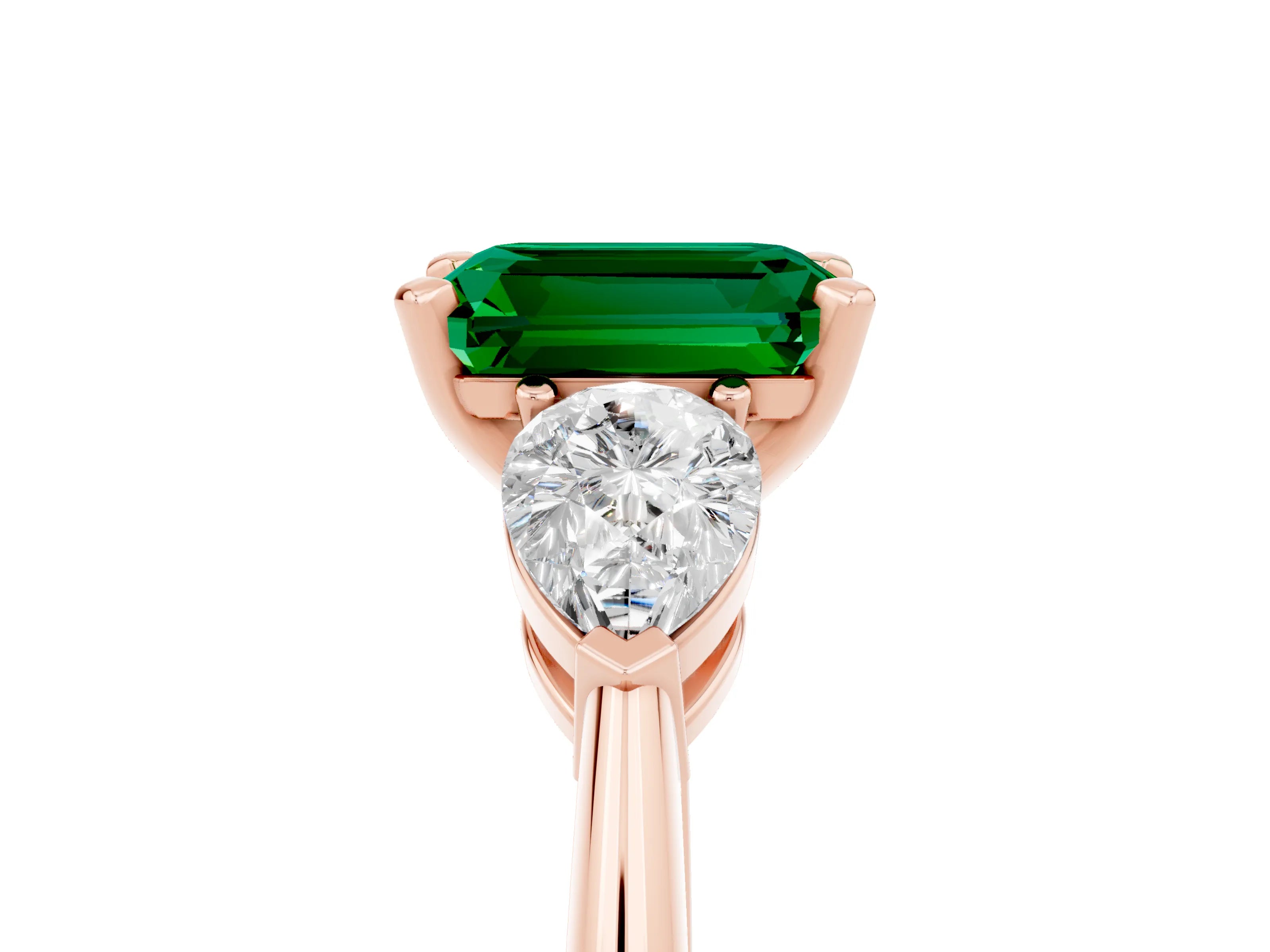 Rose gold Three-Stone Emerald Cut Emerald Ring with Pear Side Stones and Four-Prong Setting_5