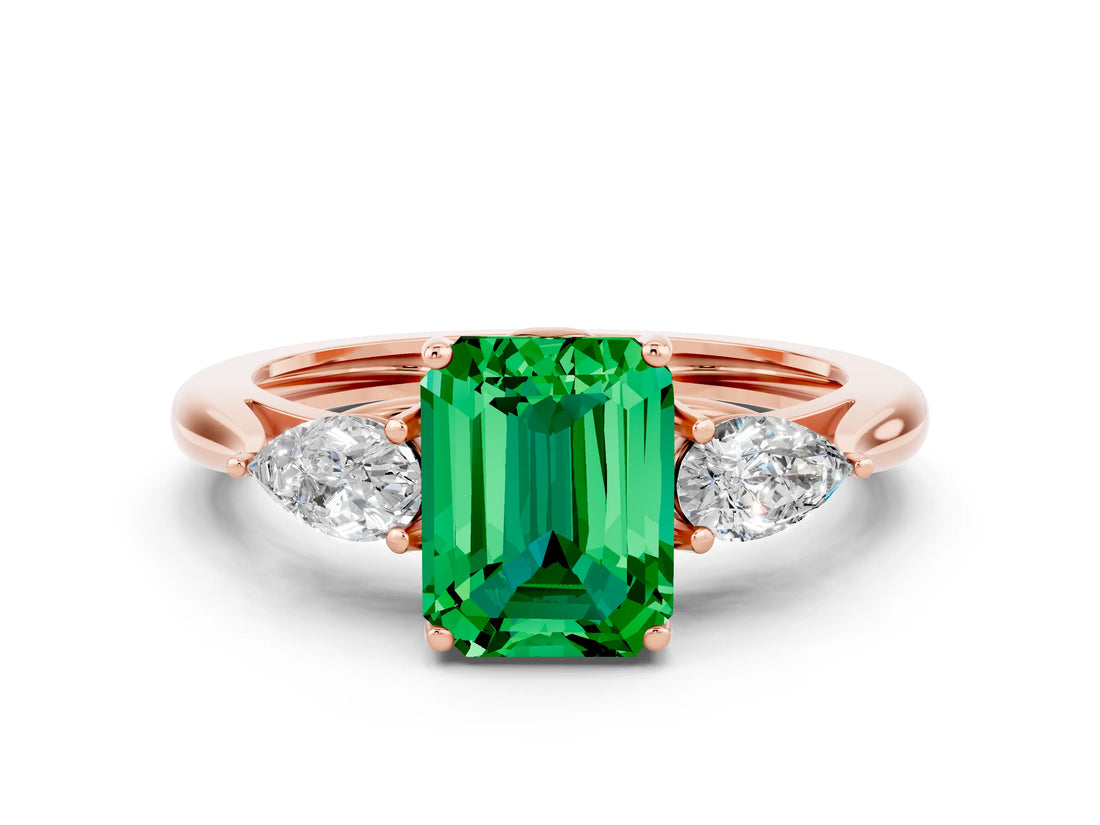 Rose gold Three-Stone Emerald Cut Emerald Ring with Pear  Side Stones in Four-Prong Setting_36