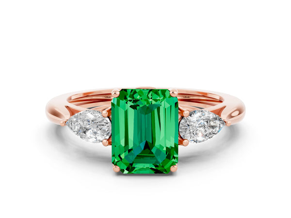 Rose gold Three-Stone Emerald Cut Emerald Ring with Pear  Side Stones in Four-Prong Setting