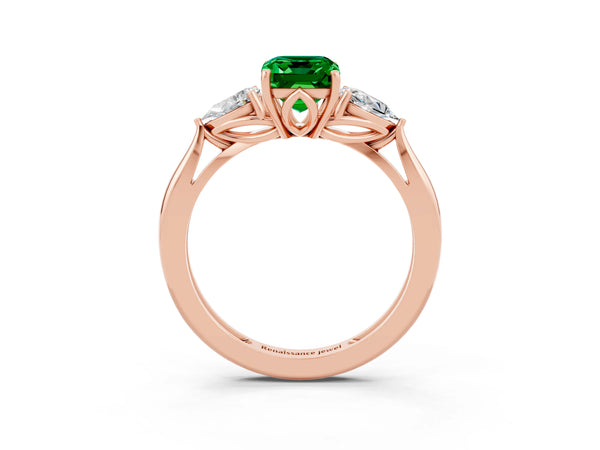 Rose gold Three-Stone Emerald Cut Emerald Ring with Pear  Side Stones in Four-Prong Setting