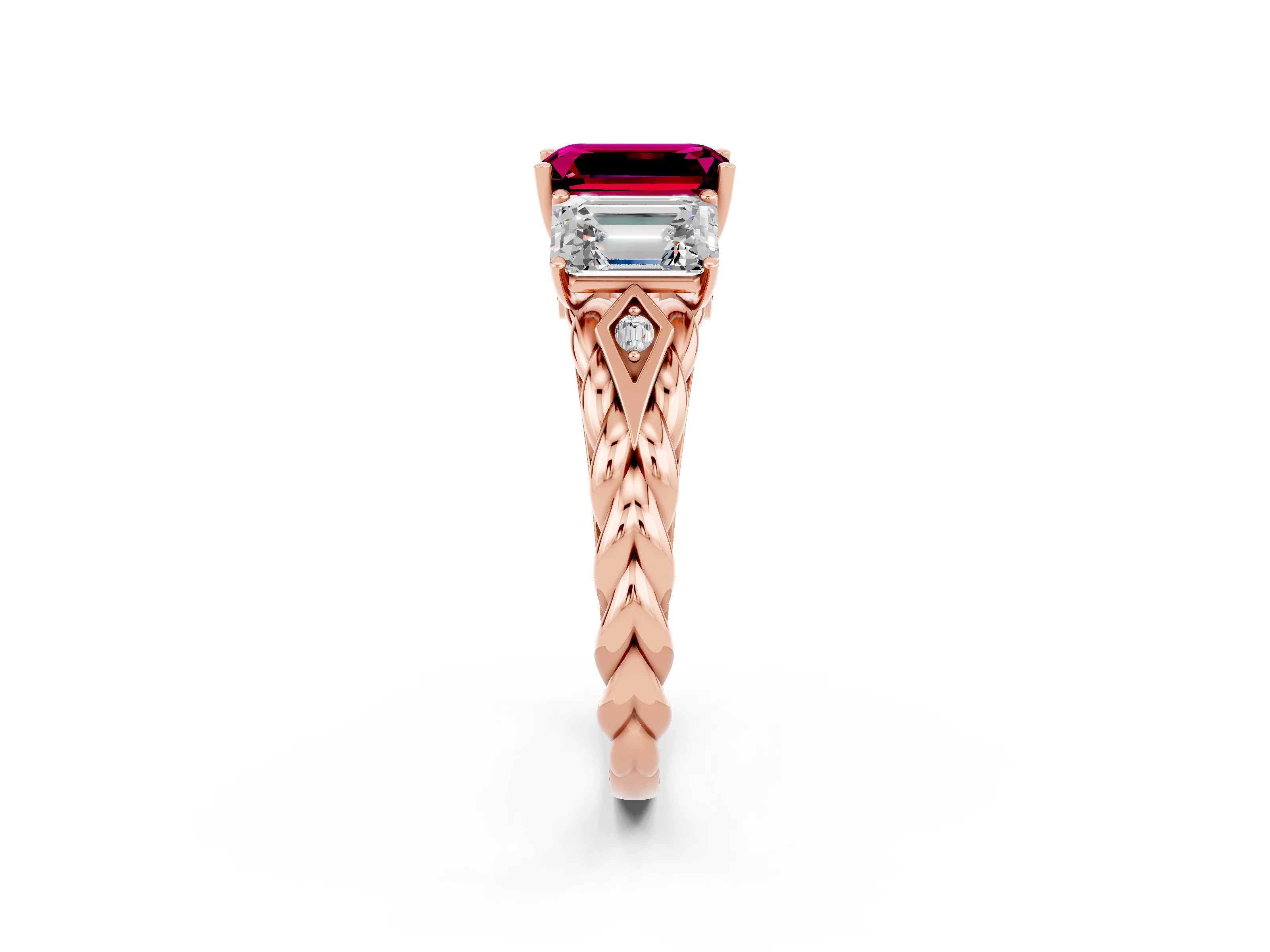 Rose gold Three-Stone Emerald Cut Garnet Braided Band Ring with Four-Prong Setting_38