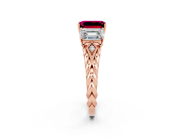 Rose gold Three-Stone Emerald Cut Garnet Braided Band Ring with Four-Prong Setting