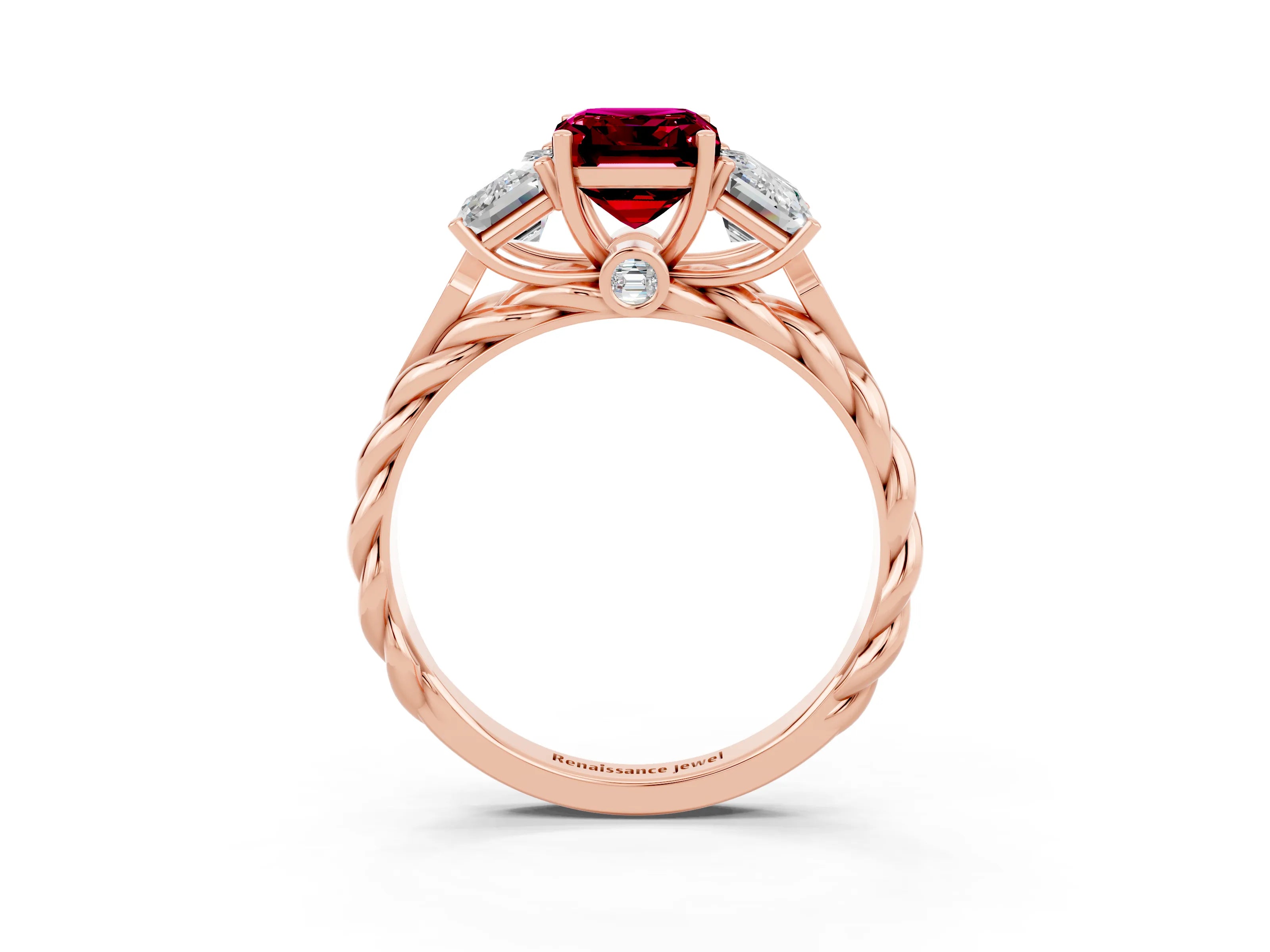 Rose gold Three-Stone Emerald Cut Garnet Braided Band Ring with Four-Prong Setting_39