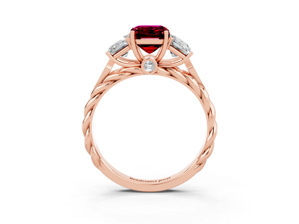 Rose gold Three-Stone Emerald Cut Garnet Braided Band Ring with Four-Prong Setting