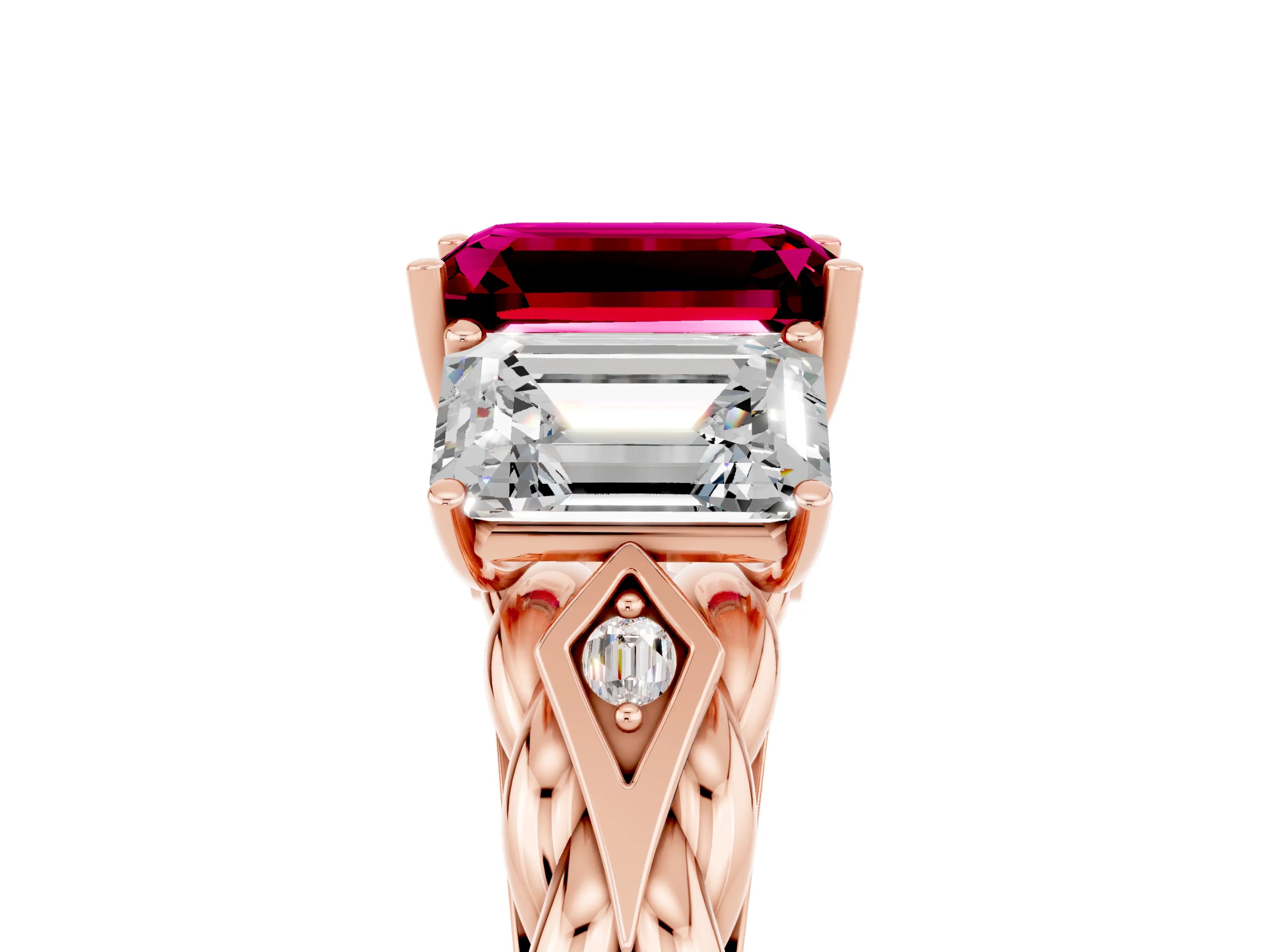 Rose gold Three-Stone Emerald Cut Garnet Braided Band Ring with Four-Prong Setting_41