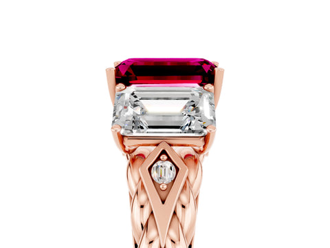 Rose gold Three-Stone Emerald Cut Garnet Braided Band Ring with Four-Prong Setting_41
