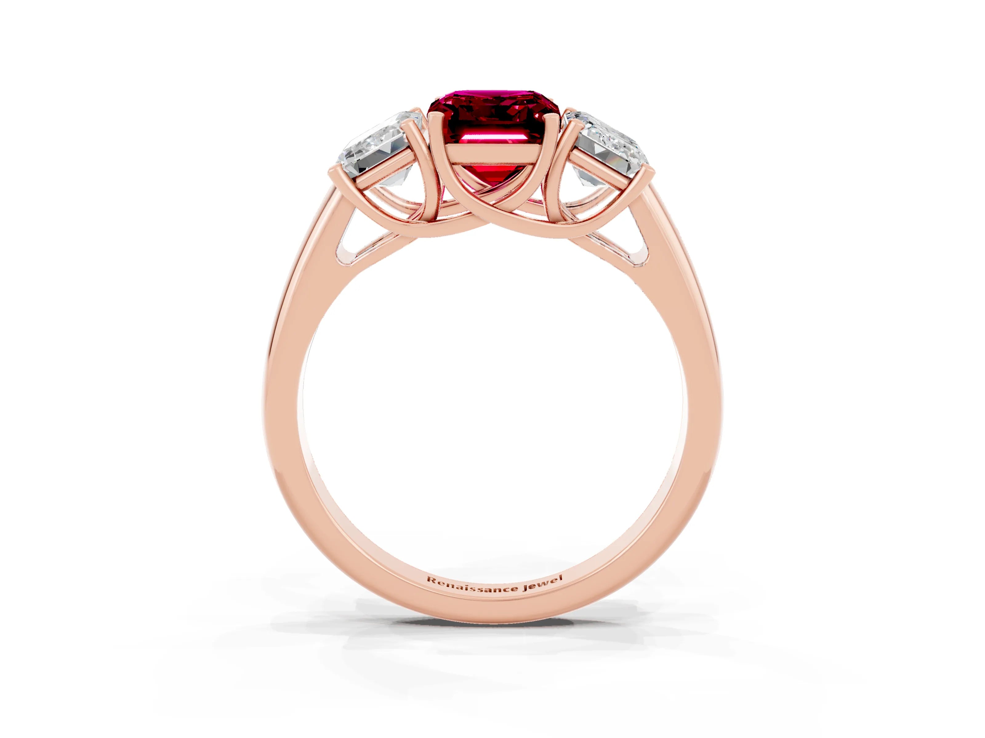 Rose gold Three-Stone Emerald Cut Garnet Engagement Ring with Prong Setting_3