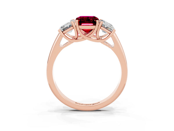 Rose gold Three-Stone Emerald Cut Garnet Engagement Ring with Prong Setting