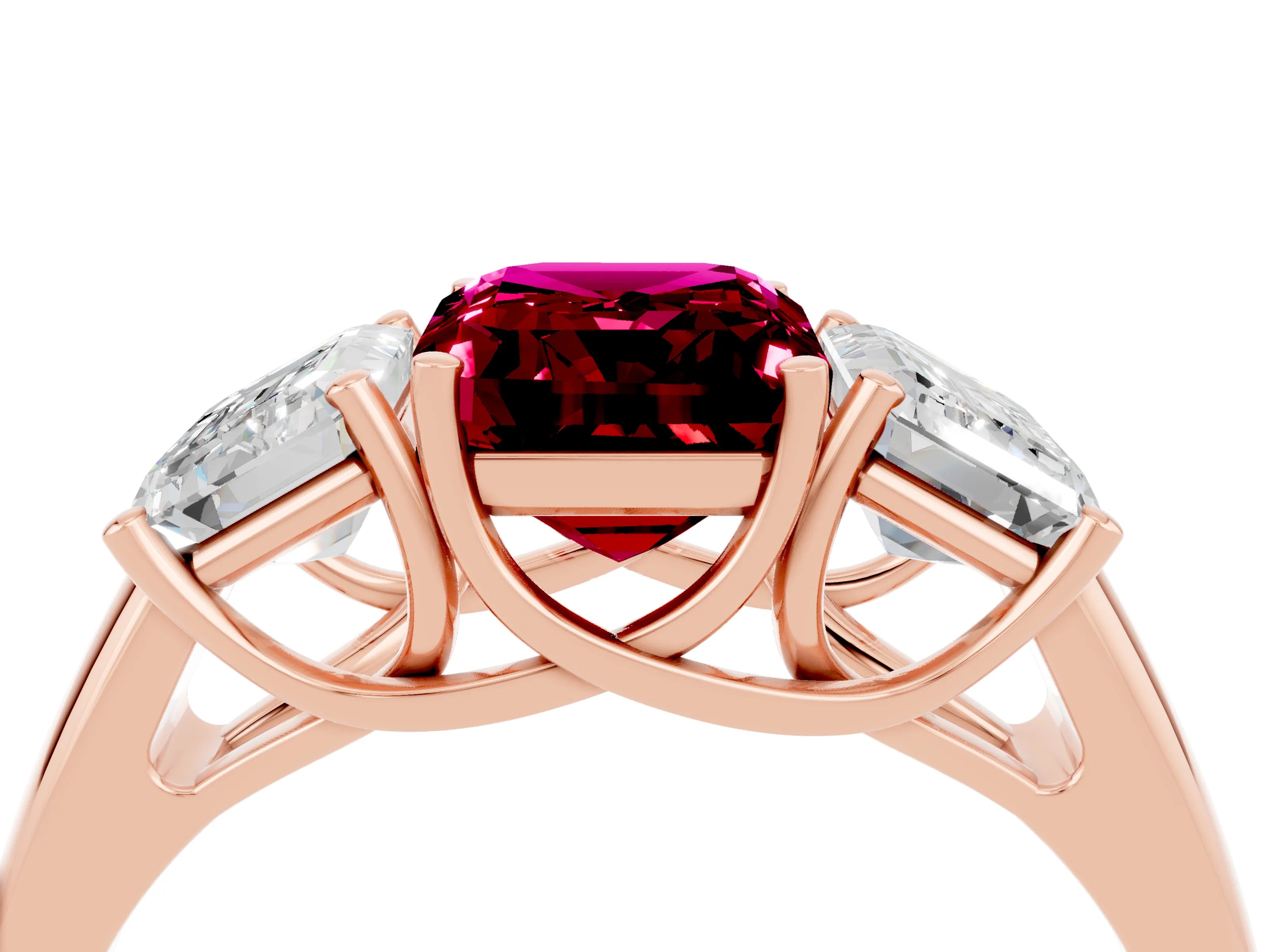 Rose gold Three-Stone Emerald Cut Garnet Engagement Ring with Prong Setting_4
