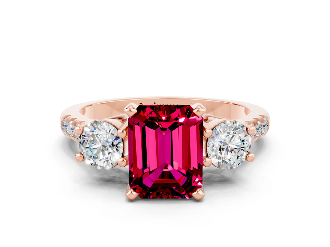 Rose gold Three-Stone Emerald Cut Garnet Pavé Band with Four-Prong Setting