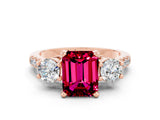 Rose gold Three-Stone Emerald Cut Garnet Pavé Band with Four-Prong Setting