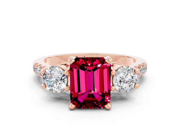 Rose gold Three-Stone Emerald Cut Garnet Pavé Band with Four-Prong Setting