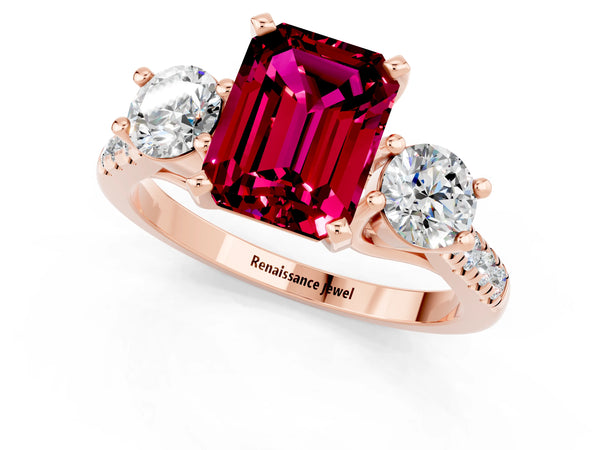 Rose gold Three-Stone Emerald Cut Garnet Pavé Band with Four-Prong Setting