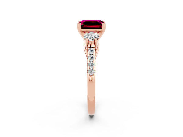 Rose gold Three-Stone Emerald Cut Garnet Pavé Band with Four-Prong Setting