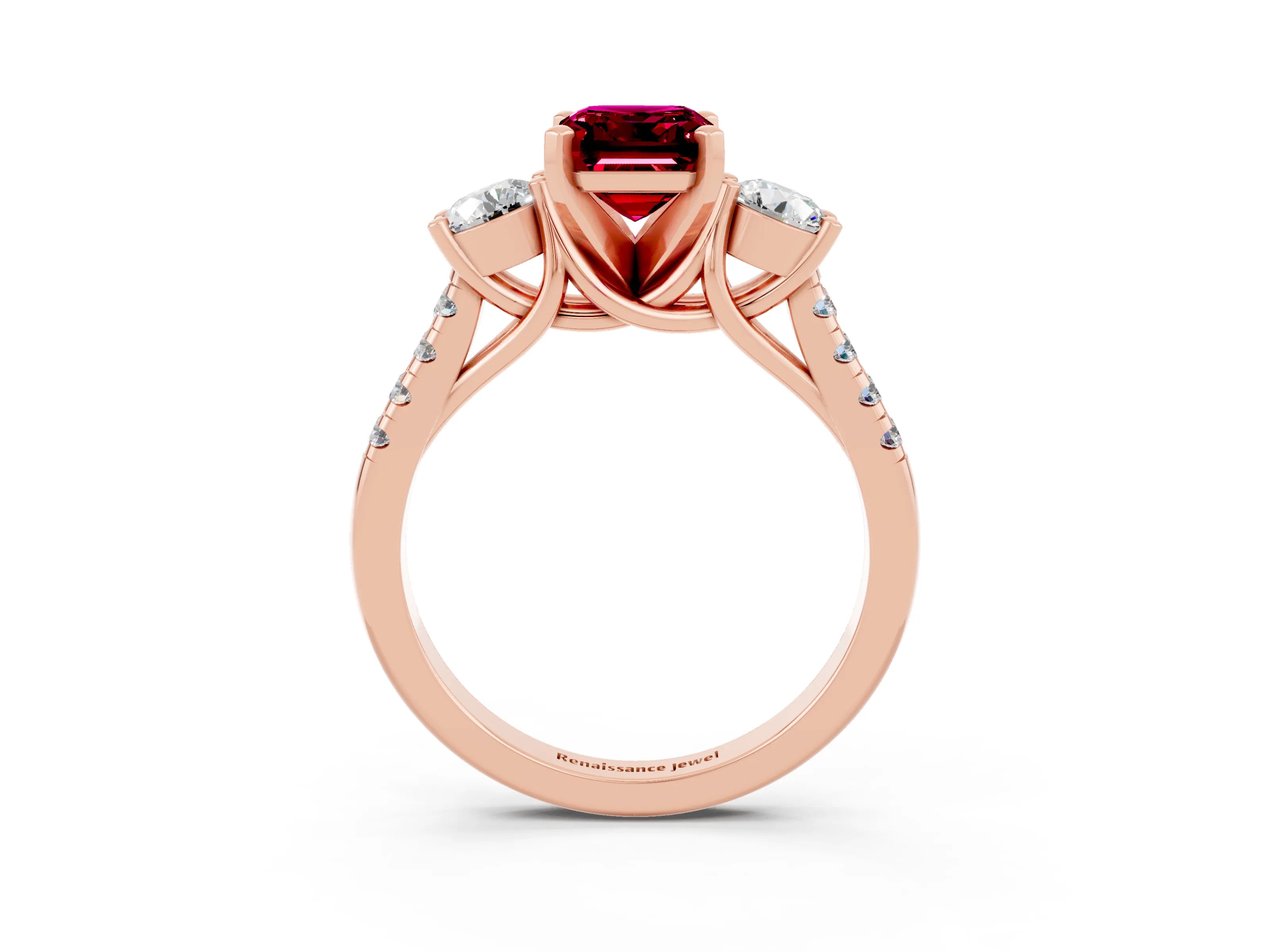 Rose gold Three-Stone Emerald Cut Garnet Pavé Band with Four-Prong Setting_3