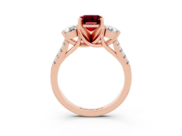 Rose gold Three-Stone Emerald Cut Garnet Pavé Band with Four-Prong Setting