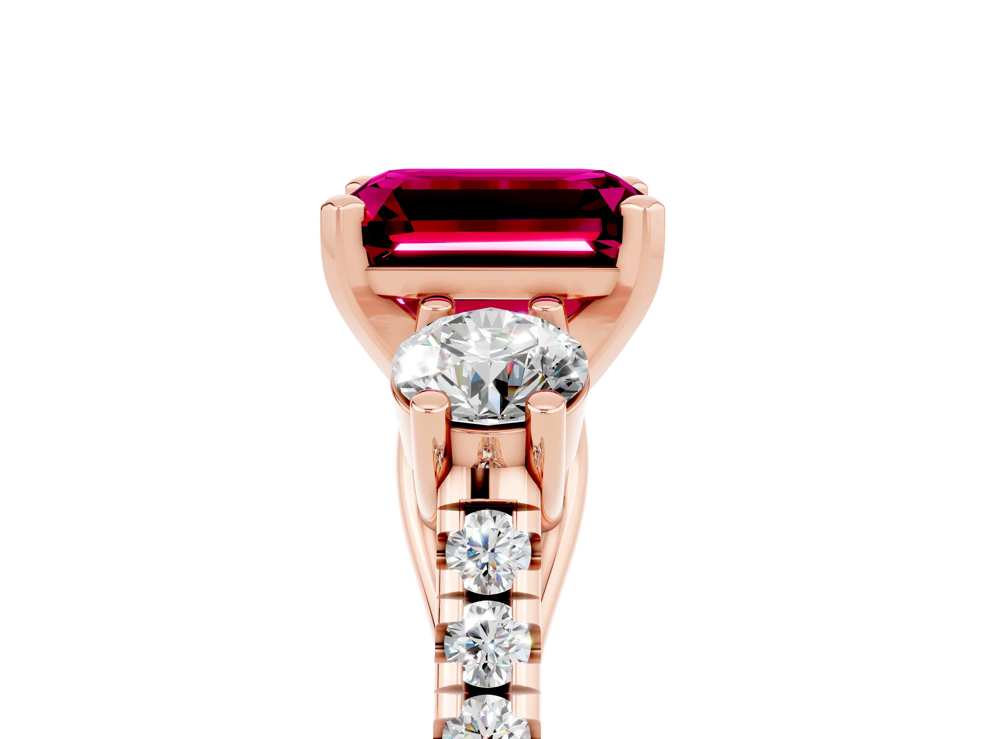 Rose gold Three-Stone Emerald Cut Garnet Pavé Band with Four-Prong Setting_5