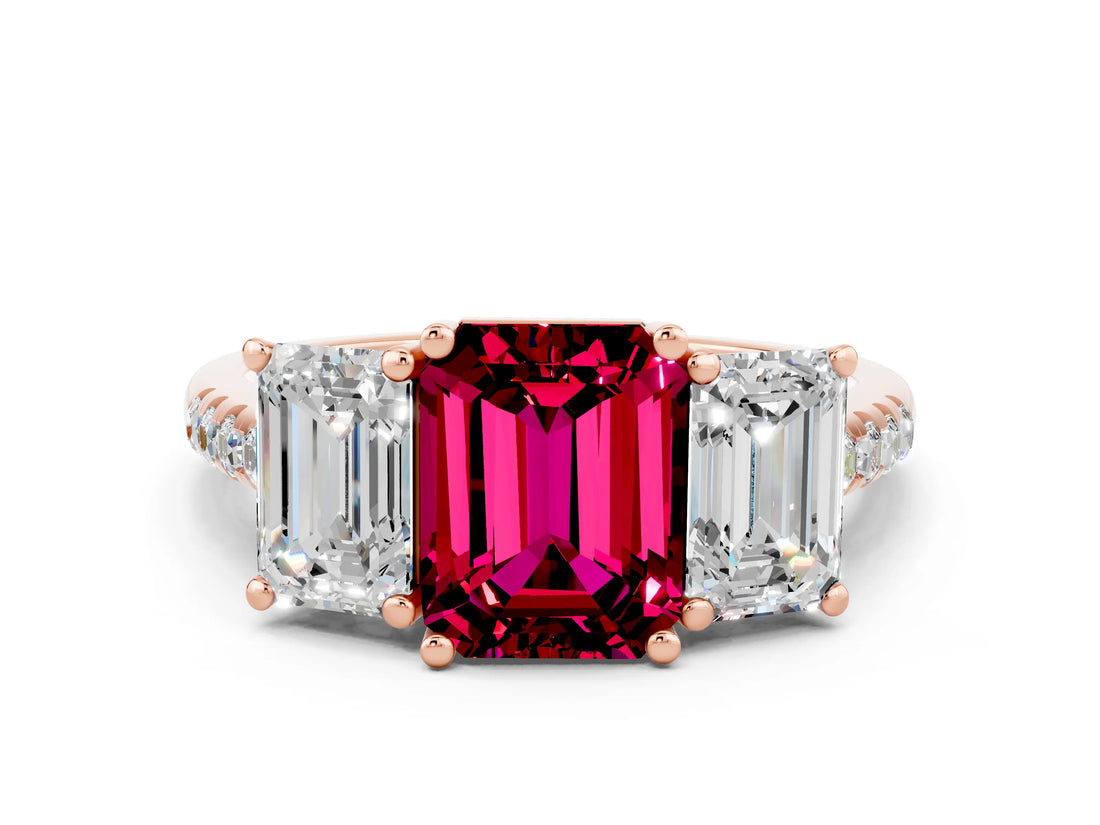 Rose gold Three-Stone Emerald Cut Garnet Ring with Pavé Band and Prong Setting_12