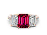 Rose gold Three-Stone Emerald Cut Garnet Ring with Pavé Band and Prong Setting_12