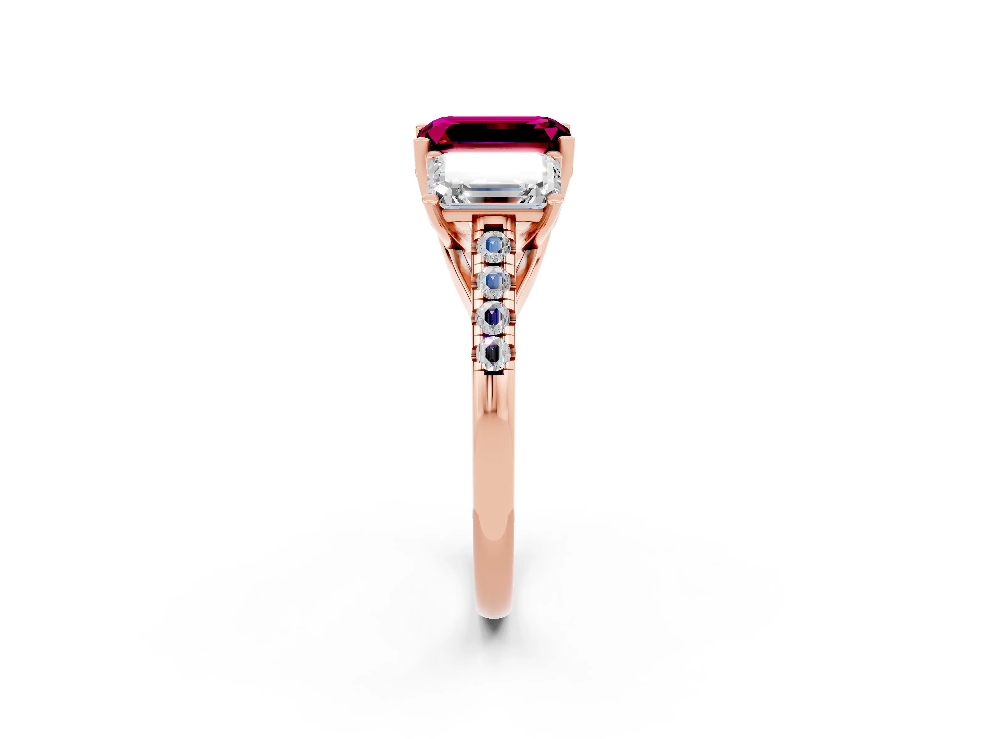Rose gold Three-Stone Emerald Cut Garnet Ring with Pavé Band and Prong Setting_14