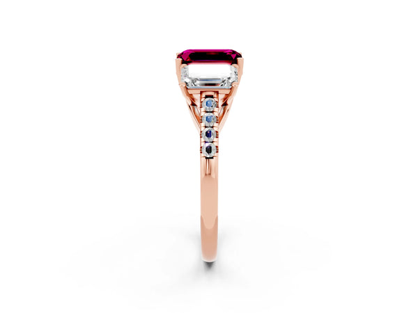 Rose gold Three-Stone Emerald Cut Garnet Ring with Round  Pavé Band and Prong Setting