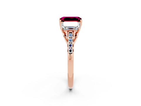 Rose gold Three-Stone Emerald Cut Garnet Ring with Pavé Band and Prong Setting_14