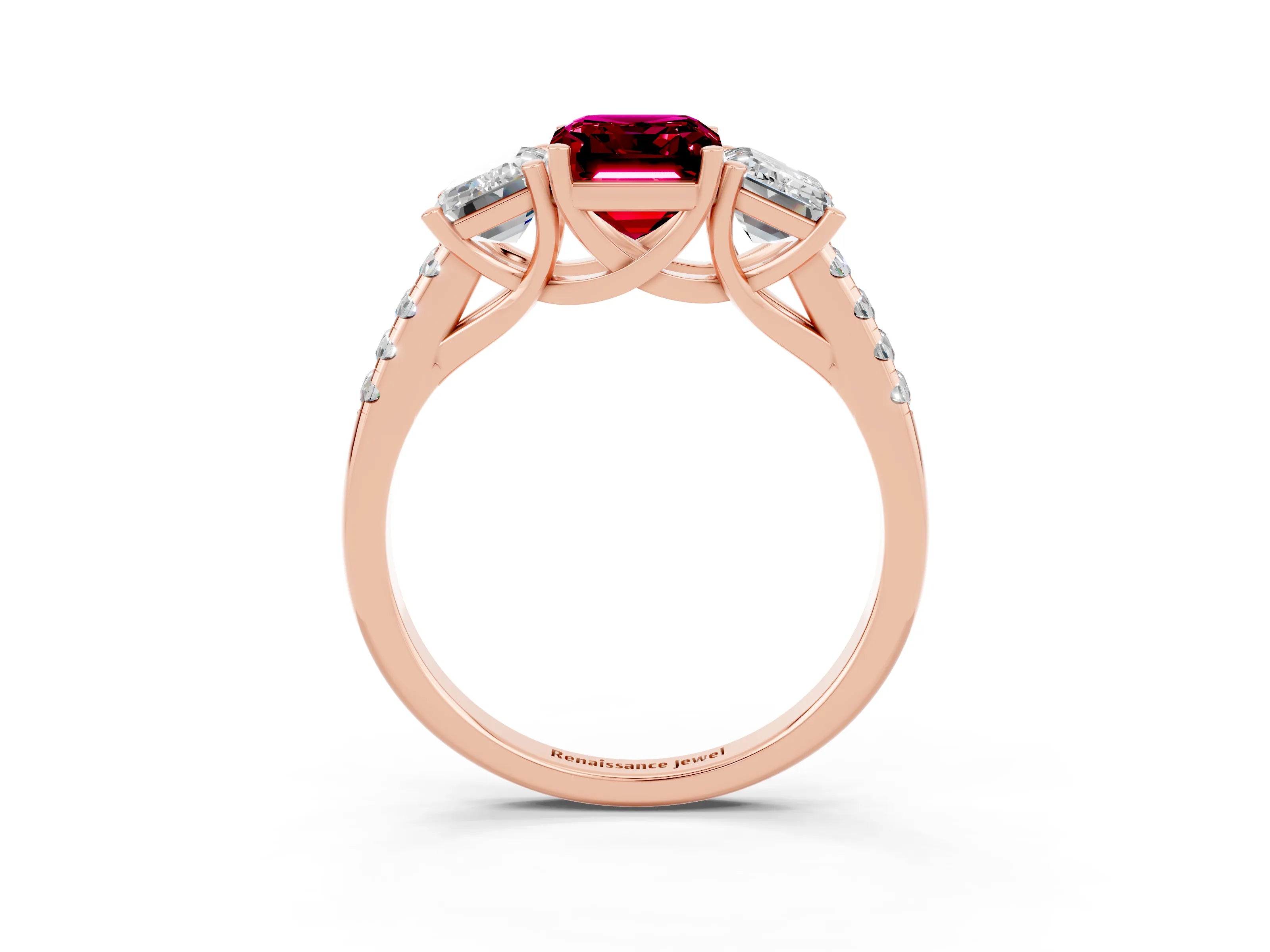 Rose gold Three-Stone Emerald Cut Garnet Ring with Pavé Band and Prong Setting_15