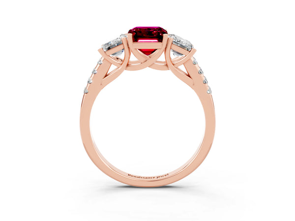 Rose gold Three-Stone Emerald Cut Garnet Ring with Round  Pavé Band and Prong Setting