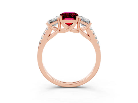 Rose gold Three-Stone Emerald Cut Garnet Ring with Pavé Band and Prong Setting_15