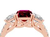 Rose gold Three-Stone Emerald Cut Garnet Ring with Pavé Band and Prong Setting_16