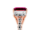 Rose gold Three-Stone Emerald Cut Garnet Ring with Pavé Band and Prong Setting_17
