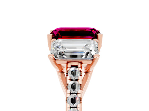 Rose gold Three-Stone Emerald Cut Garnet Ring with Pavé Band and Prong Setting_17
