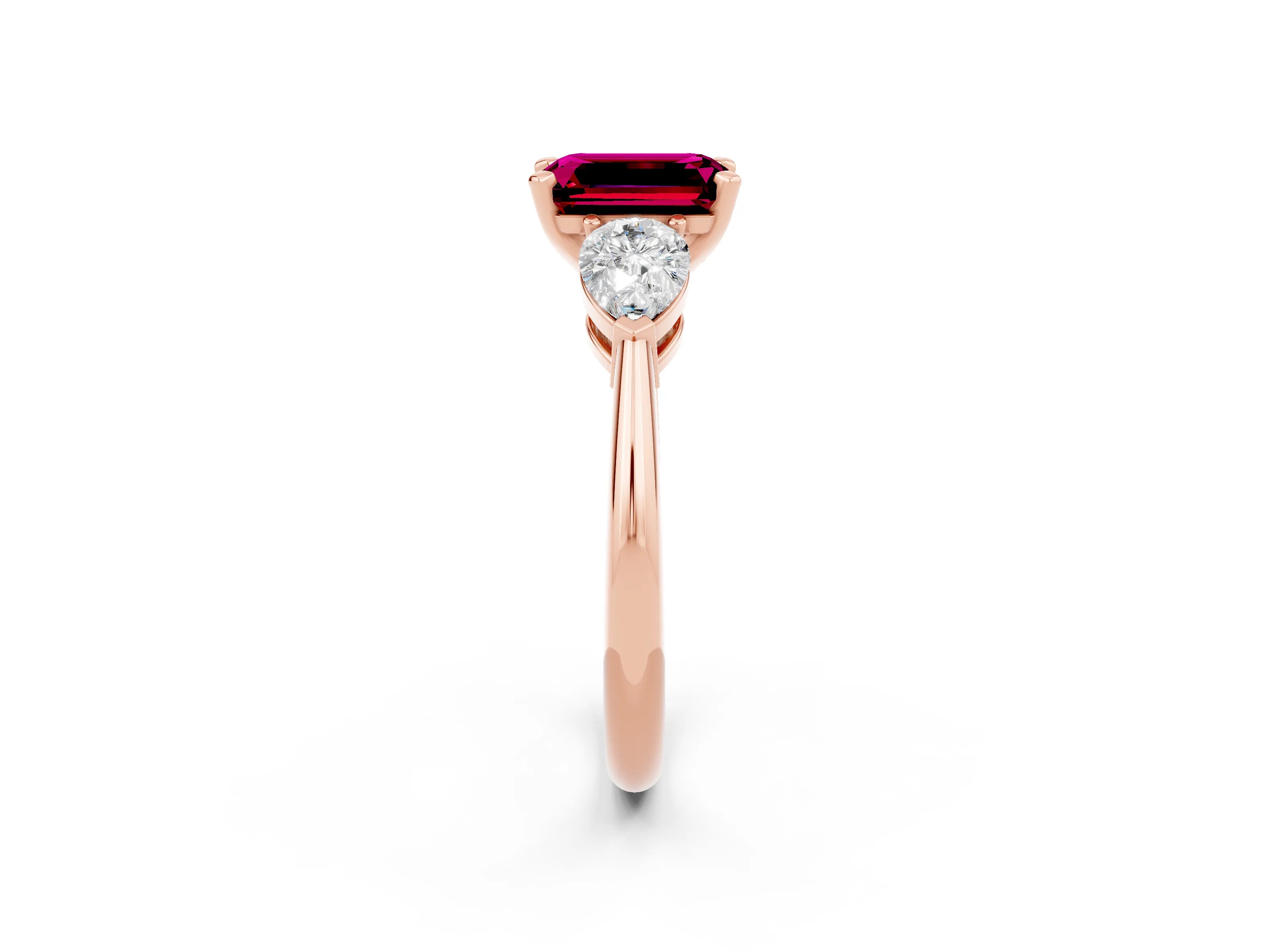 Rose gold Three-Stone Emerald Cut Garnet Ring with Pear Side Stones and Four-Prong Setting_2