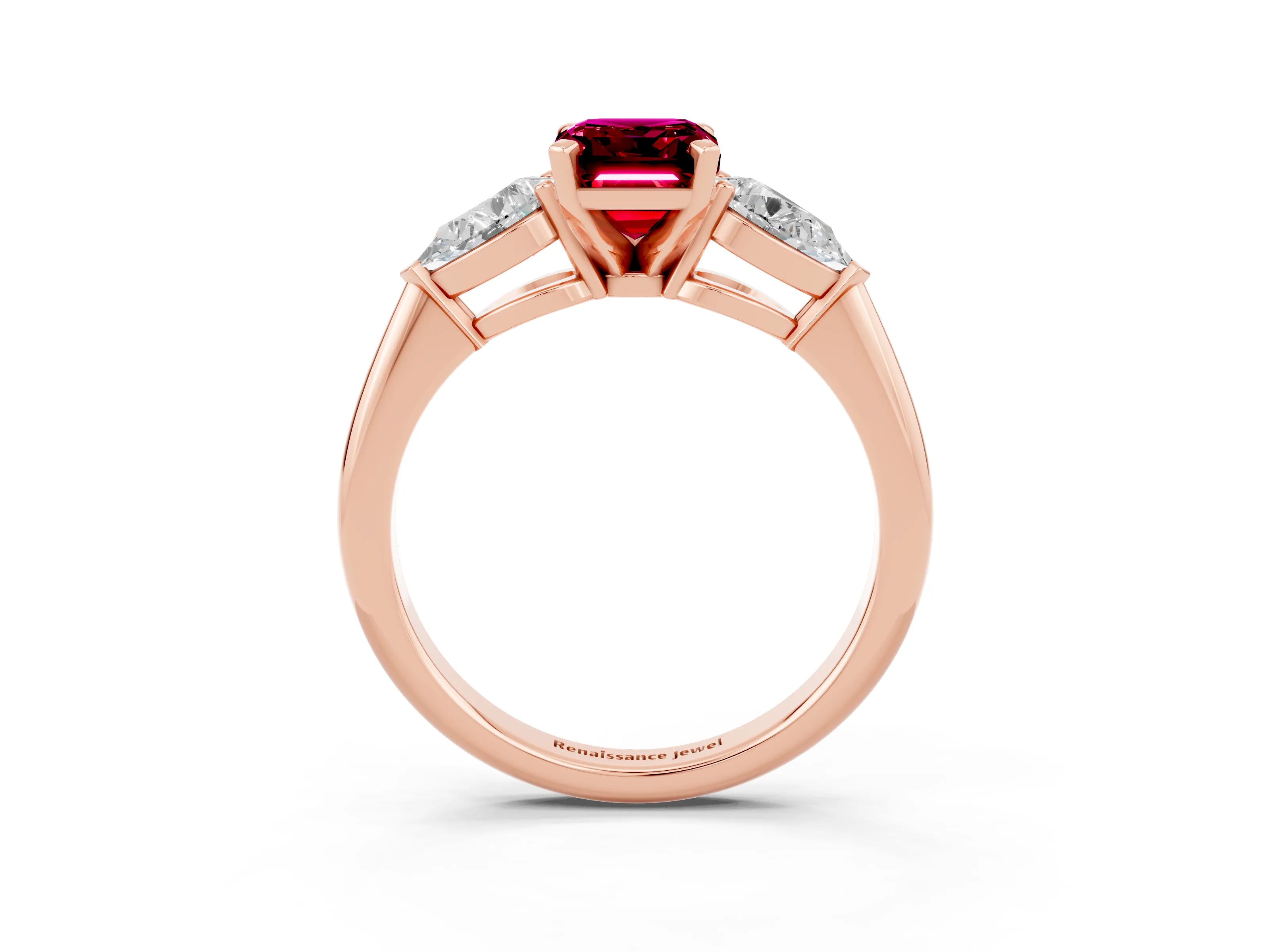 Rose gold Three-Stone Emerald Cut Garnet Ring with Pear Side Stones and Four-Prong Setting_3