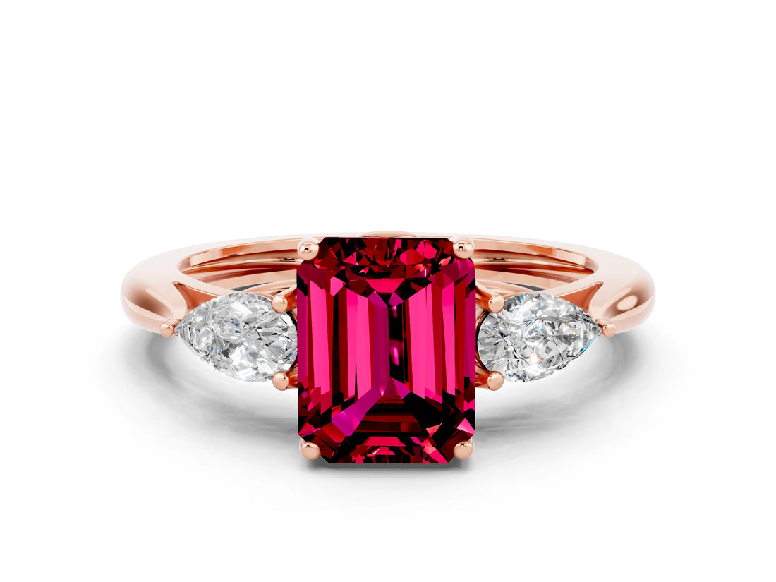 Rose gold Three-Stone Emerald Cut Garnet Ring with Pear  Side Stones in Four-Prong Setting_12