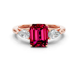Rose gold Three-Stone Emerald Cut Garnet Ring with Pear  Side Stones in Four-Prong Setting_12