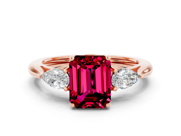 Rose gold Three-Stone Emerald Cut Garnet Ring with Pear  Side Stones in Four-Prong Setting