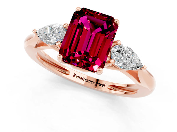 Rose gold Three-Stone Emerald Cut Garnet Ring with Pear  Side Stones in Four-Prong Setting